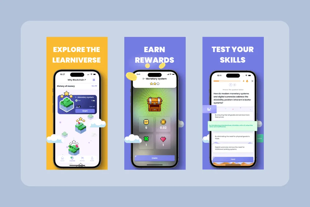 Learnify app screens demonstrating interactive learning modules and reward system.