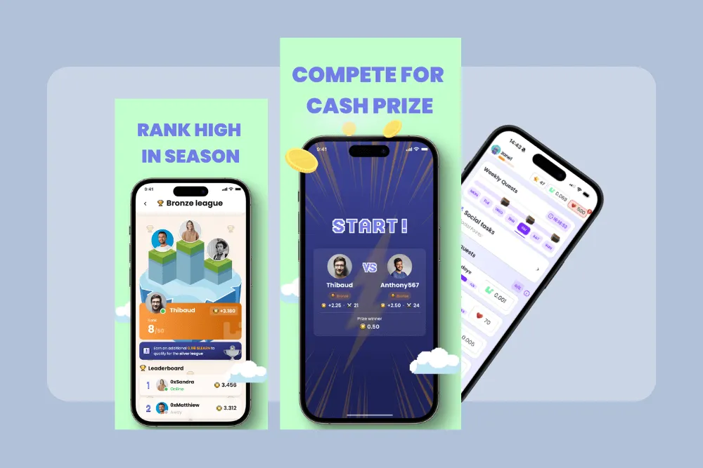 Learnify mobile UI showcasing leaderboard and player-versus-player engagement features.