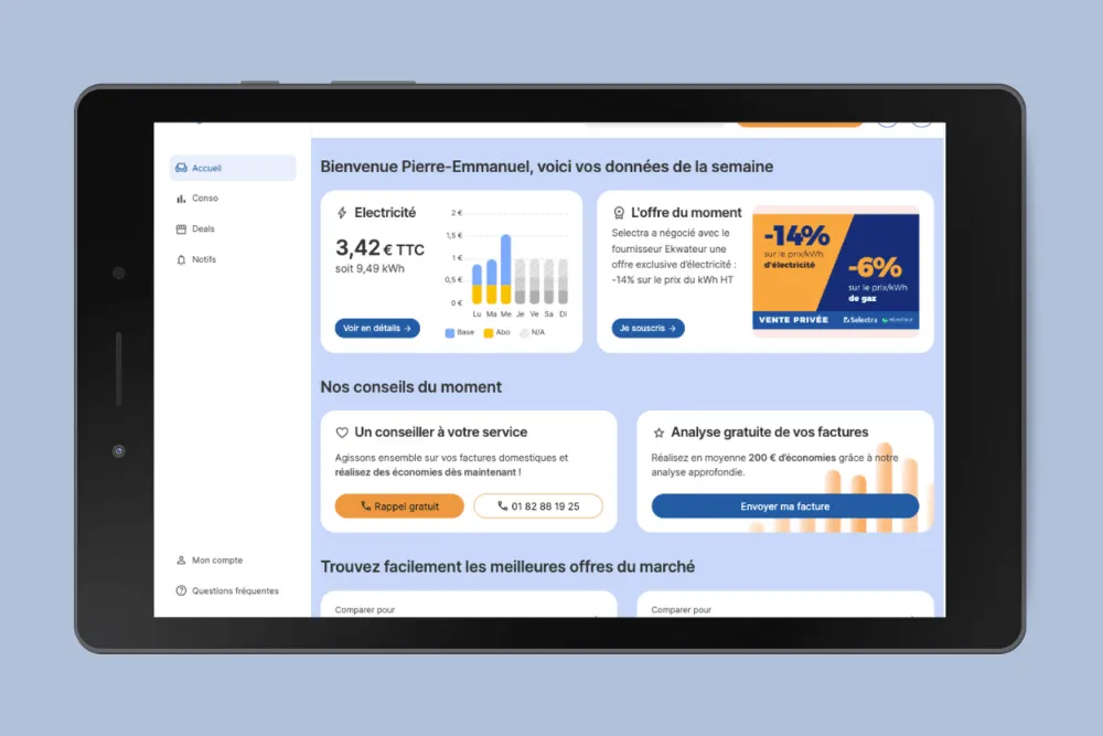 iPad dashboard showing energy usage and savings – MySelectra app