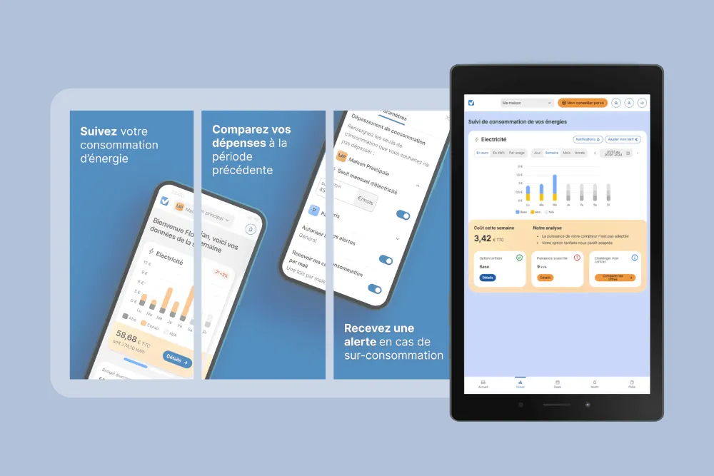 Vertical tablet and mobile views with alerts and usage comparison – MySelectra app