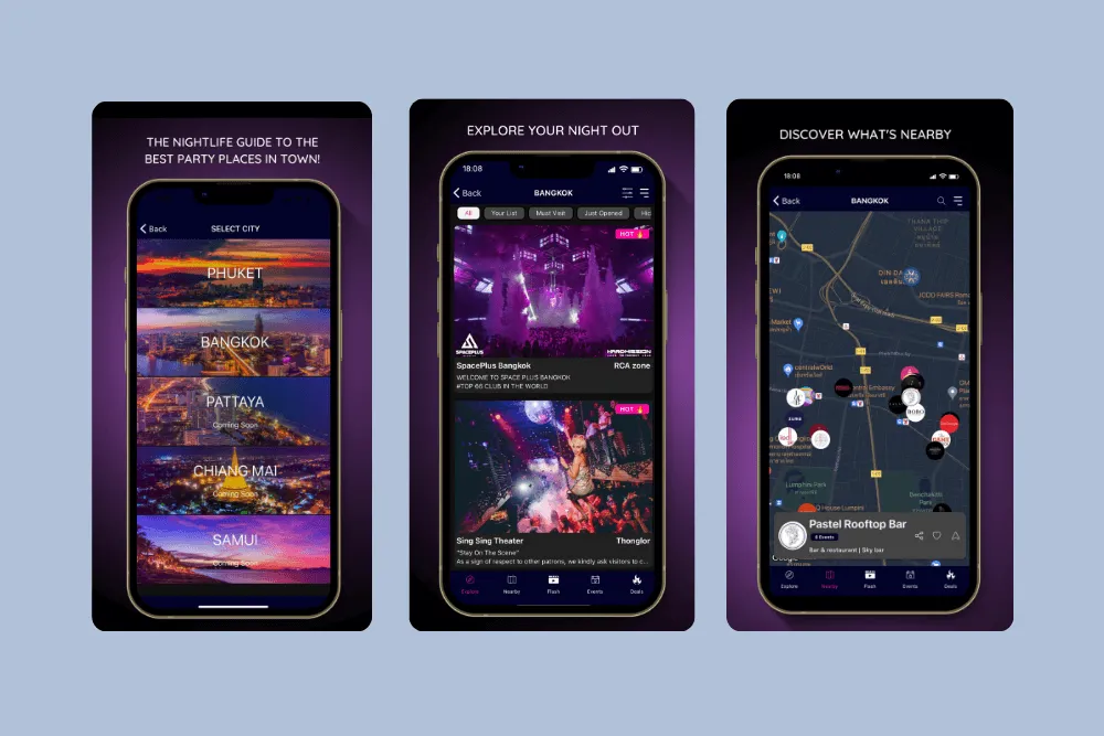 Mobile app showing city selection, nightlife feed, and interactive map - Nightlife Asia V1