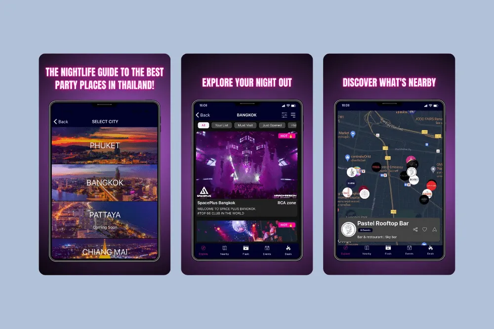 Nightlife Asia V2 iPad UI with city list, nightlife highlights, and venue map - Nightlife Asia V1