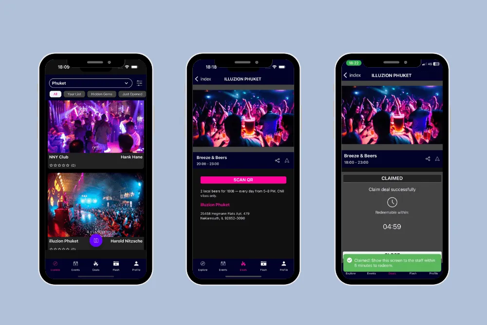 Nightlife Asia V2 mobile app showing venue listing, QR scan, and deal claim confirmation flow - Nightlife Asia V2