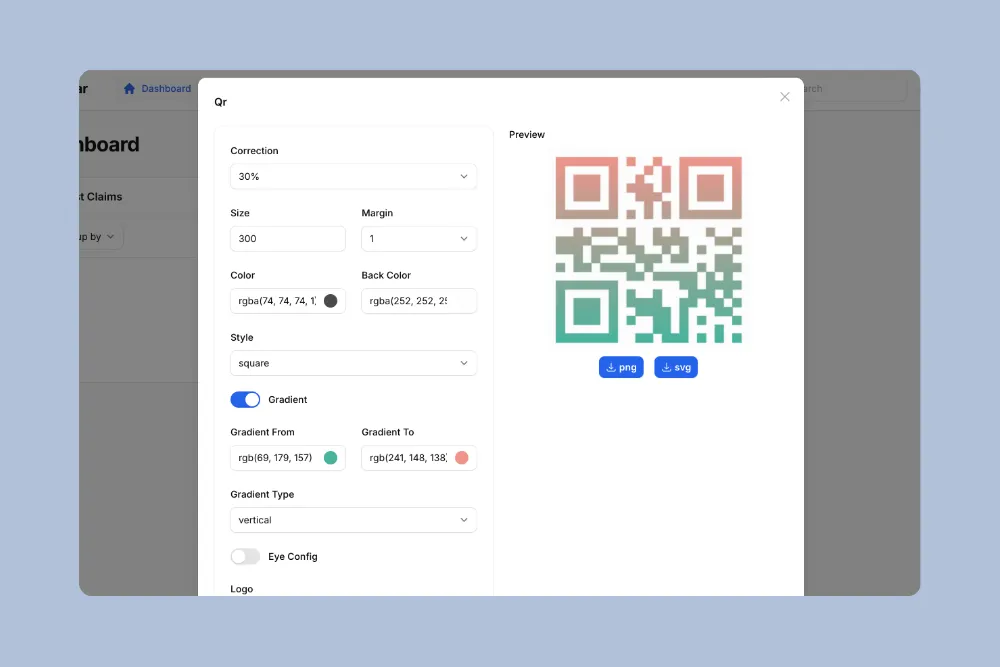 QR code generator in business dashboard with customization options and export controls - Nightlife Asia V2