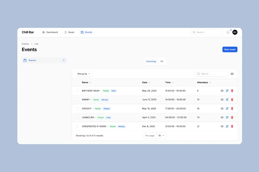 Business dashboard event manager showing upcoming events and attendee counts - Nightlife Asia V2