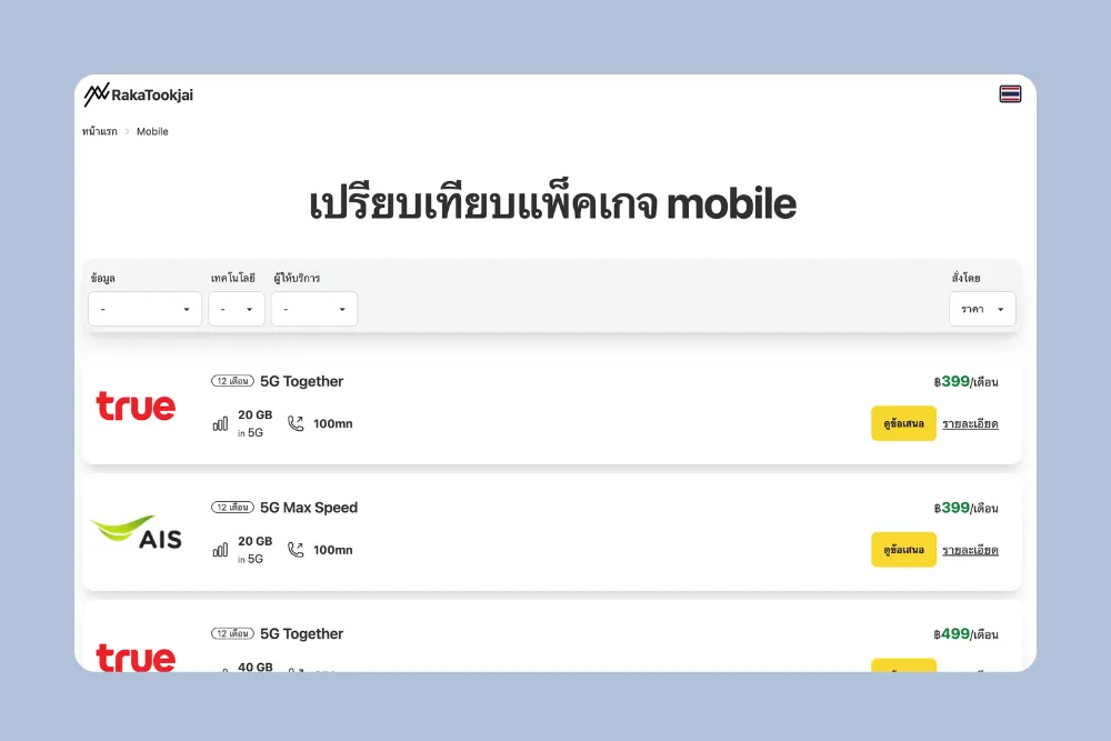 Rakatookjai web interface showing mobile package comparison with filtering options and provider details.