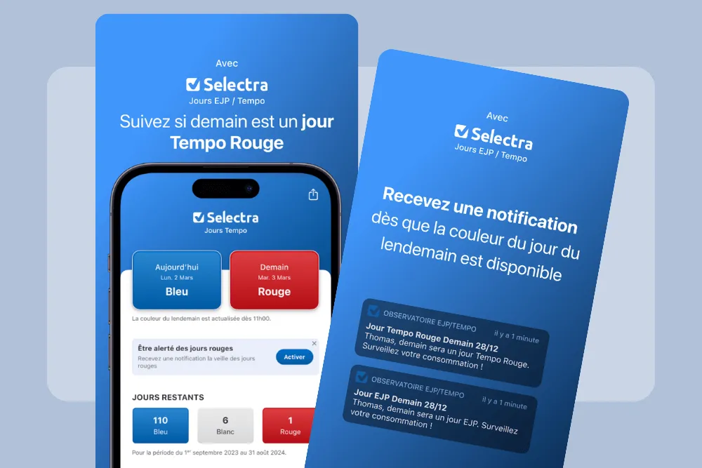 Tempo/EJP app showing daily status (Blue, White, Red/EJP) and notification settings
