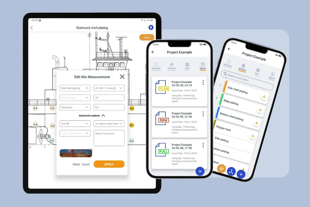 UTM Reporting screens featuring interactive blueprint pinning, measurement editing with photo attachments, and multi-format report management.