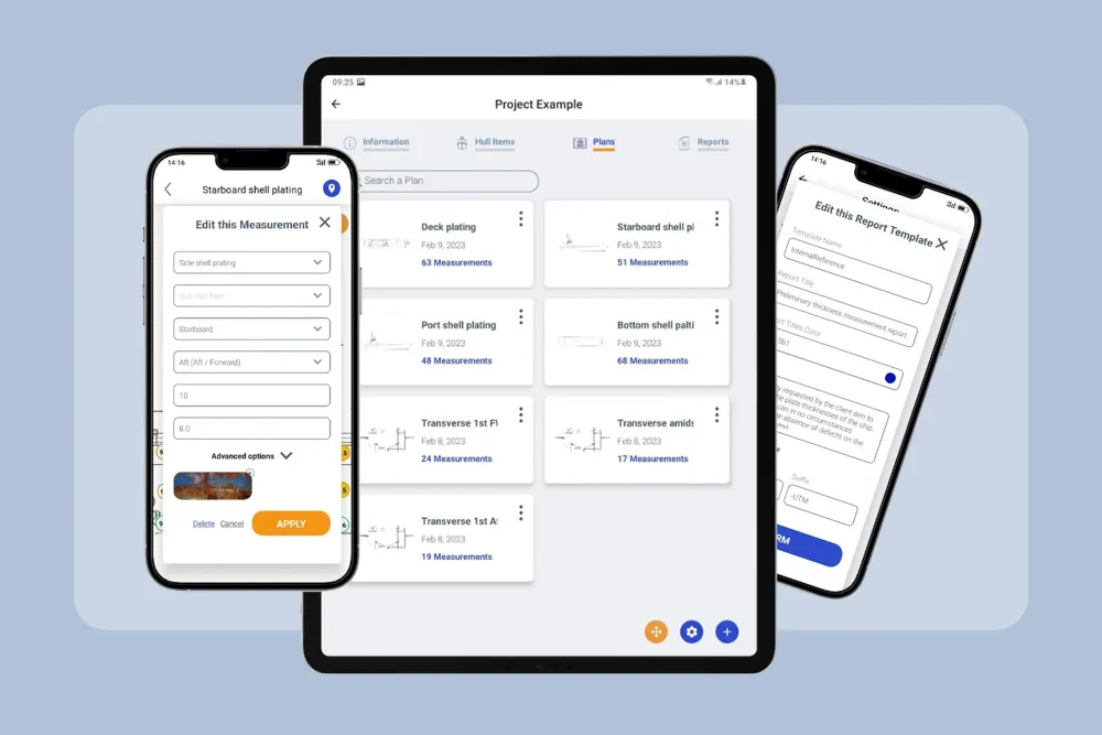 UTM Reporting screens showcasing vessel plan organization, measurement summaries across hull sections, and customizable report template configuration.